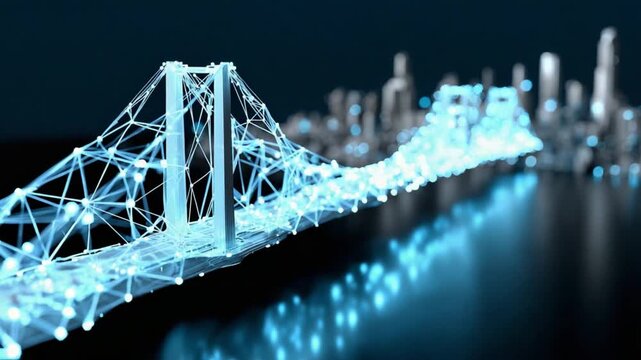 Digital Bridge: A futuristic representation of a bridge, illuminated with a network of glowing lines, connecting a cityscape that embodies technological advancement and connectivity.