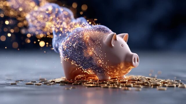 Piggy Bank and Financial Innovation: The image captures a stylized piggy bank, dissolving into a stream of gold coins and sparks.