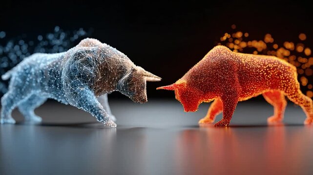 Duel of Forces: A dramatic visual showcasing the interplay of financial bull and bear market concepts. Representing the dynamic push and pull in the financial world.