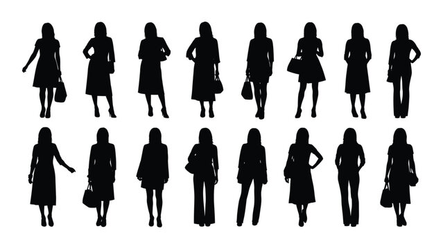 Collection of diverse female silhouettes in various poses and attire on white background for graphic design and illustration