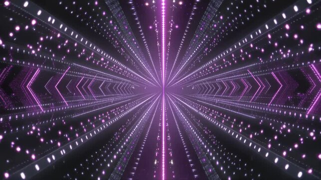 Radiant purple light tunnel with symmetrical glowing dots and geometric patterns rushing toward the center, ideal for futuristic intros, stage visuals, and digital backgrounds