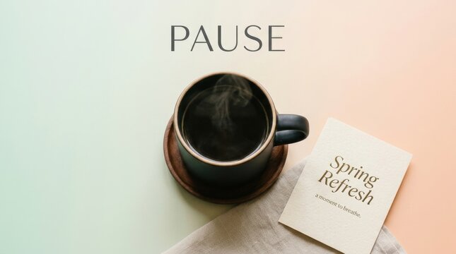 A steaming matte black ceramic coffee cup rests on a saucer with a journal nearby, inviting a moment of calm.