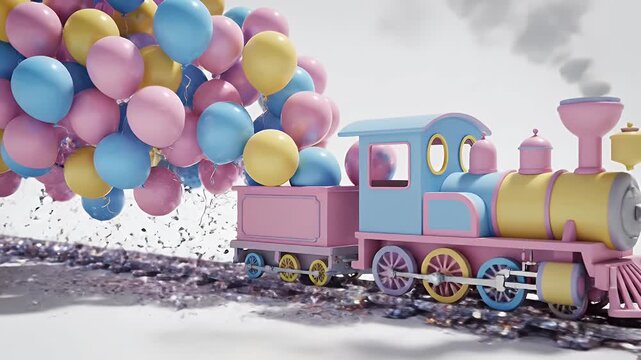 Pastel Toy Train with Balloon Parade on a Snowy White Landscape Under Bright Sky