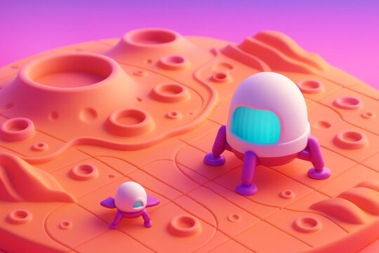 Futuristic cartoon-style space exploration scene with robots on an alien planet surface featuring craters and soft lighting background concept. Ai generative