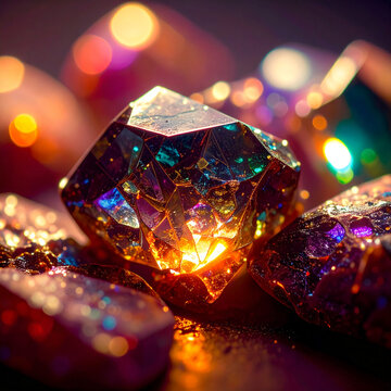 Rare earth critical minerals glowing crystal cluster illuminated by warm light creating iridescent color reflections and textured gemstone surface conveying wonder and scientific value