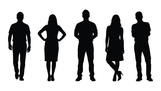 Silhouette of five people standing in a row on white background with various poses and attire