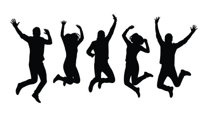 Dynamic silhouette of five people jumping in different poses on white background with arms raised in joy and freedom © MDRian