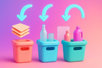 Fototapeta premium Colorful waste sorting bins with arrows showing material types on a pink and purple background illustrating recycling concept clearly. Ai generative