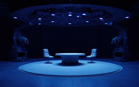Futuristic circular chamber with a central table and two chairs, bathed in blue light