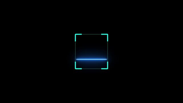 A minimalist digital interface featuring a cyan glowing square frame with a horizontal light bar scanning across its bottom edge against a stark black background, suggesting technology and data