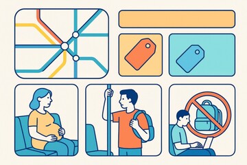 Public transport etiquette infographic with colorful icons, subway map, tags, and diverse passengers on light background in creative flat style. Ai generative
