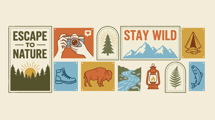 Fototapeta premium Camping items adventure symbols and forest mountain scenes, arranged in a collection for travel and outdoor recreation with nature elements
