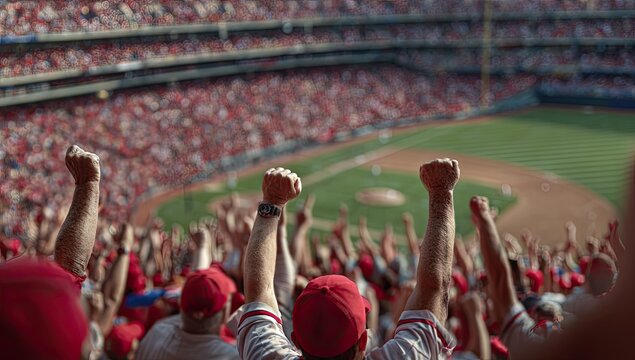Excited crowd in stadium cheers for a baseball game
