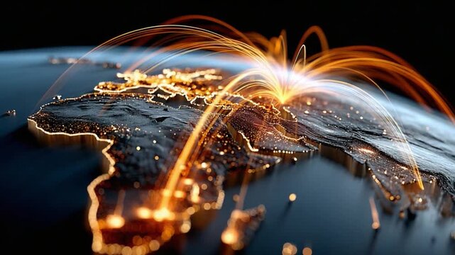 Global Connection: A striking visual representation of global connections, with radiant energy lines illuminating key points across the continents, symbolizing communication and interconnectedness.