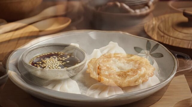 A traditional Korean Japchae filled Mandu dumpling being pan-fried in a rustic cast iron skillet with steaming filling visible closeup in warm natural lighting