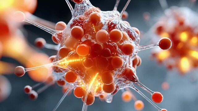 Microscopic Marvel: An artistic rendering of a vibrant and complex microscopic entity, revealing intricate structures and patterns with an emphasis on the cell's internal process