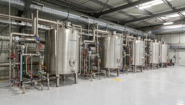 Indoor medium shot capturing the controlled environment of purified butadiene and styrene tanks alongside organized piping within a spacious industrial facility.