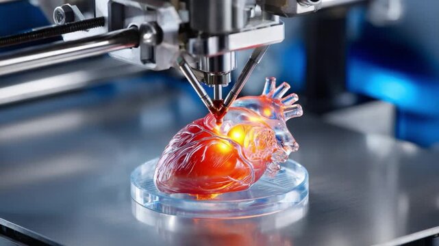 3D Printing a Future: An intricate machine meticulously crafts a life-like heart model, illustrating the forefront of medical advancement and innovation.