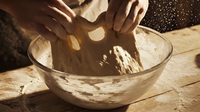 Artisan Bread Making Hands Stretching Fermented Dough in Glass Bowl Performing Autolyse and Stretch Fold Technique in Rustic Kitchen with Soft Lighting and Flour Dust