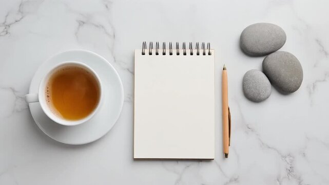 Hot coffee cup with steam and notebook on white marble table