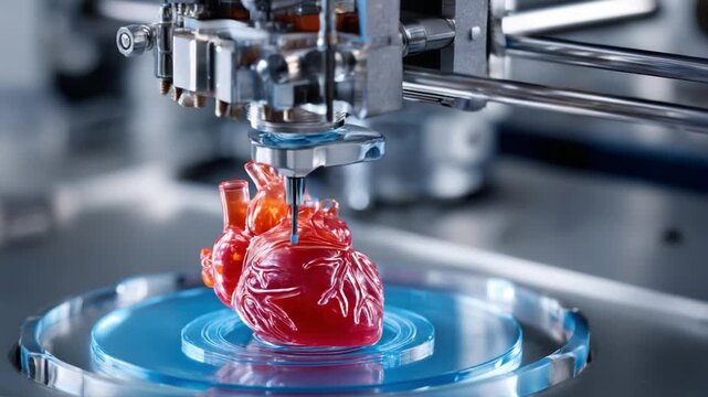 Innovative Creation: Precision and advanced technology converge as a 3D printer meticulously crafts a realistic heart, symbolizing innovation and medical advancement.