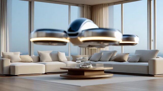 Futuristic Pod Interior: Experience a glimpse into the future with a sleek, self-driving pod gliding seamlessly within the confines of a modern home, offering a unique perspective of interior design.