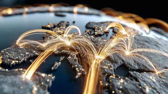 Global Network: Illuminated pathways across the world symbolize interconnectedness and global communication, portraying the expansive reach of technological and informational exchange.