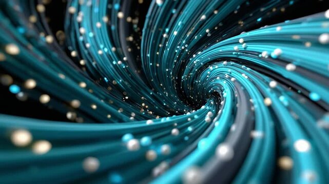 Vortex of digital flow: An abstract spiral of swirling teal lines interwoven with sparkling particles, symbolizing the flow of data, innovation, and futuristic technology. 