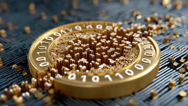 Digital Coin in Digital World: A gold coin, etched with binary code, sits at the heart of an abstract digital world, representing the essence of digital currency and virtual finance.