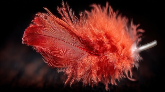 Backlit photography art: an orange feather suspended in air against a black background, with backlight outlining its silhouette and texture. 