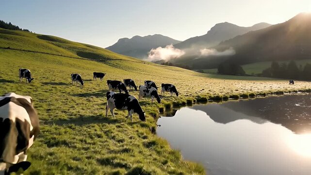 Serene Mountain Valley Pasture With Grazing Cattle Under Morning Sunlight and Mist