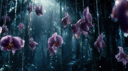 Enchanted Forest with Purple Orchids and Mystical Light Rays. © Limun