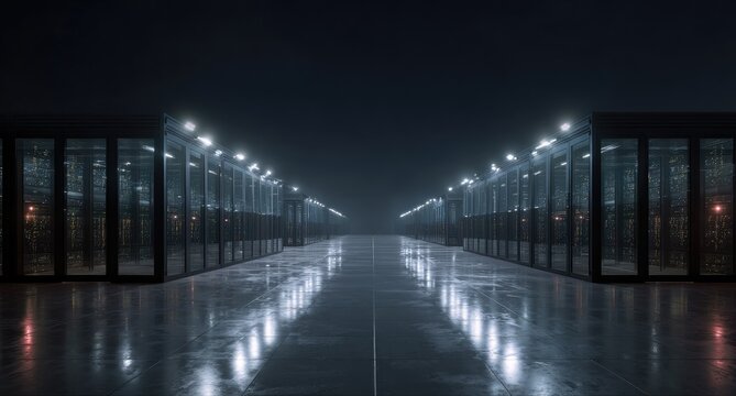 Dimly lit server room with rows of glowing racks receding into fog