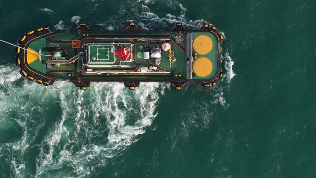 Tugboat moving at full speed creating wake in the ocean
