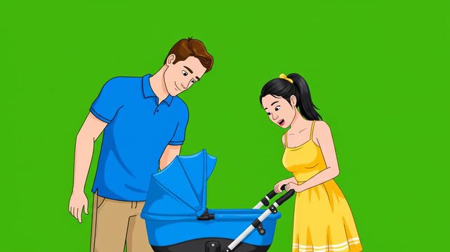 Animated couple with stroller on green screen for compositing or educational content illustrating parenthood and family life