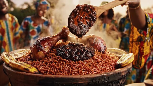 Authentic Nigerian Jollof Rice With Roasted Chicken Served From A Traditional Clay Pot With Steam Rising And People Celebrating In The Background Wearing Colorful Attire At Sunset