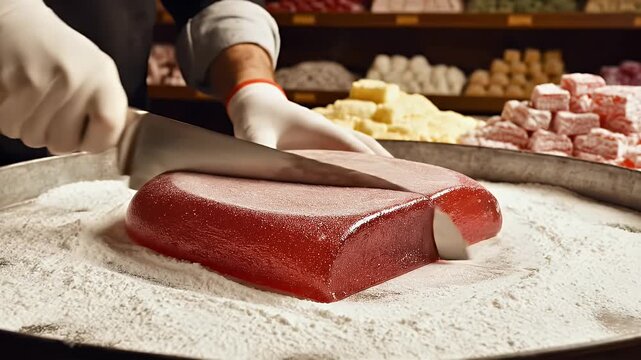Authentic Turkish Delight Production Vibrant Red Jelly Cubes Dusted With White Sugar Being Handled In Traditional Kitchen