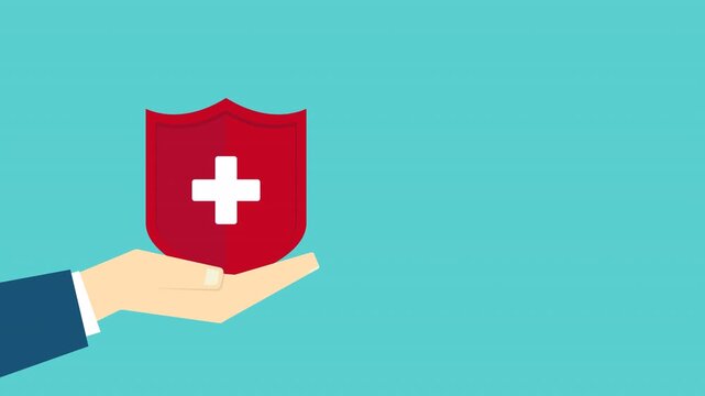 Health Insurance Protection Animation &ndash; Hand Holding Medical Shield with Cross Symbol, Healthcare Safety Concept, Hospital Coverage Security Motion Background