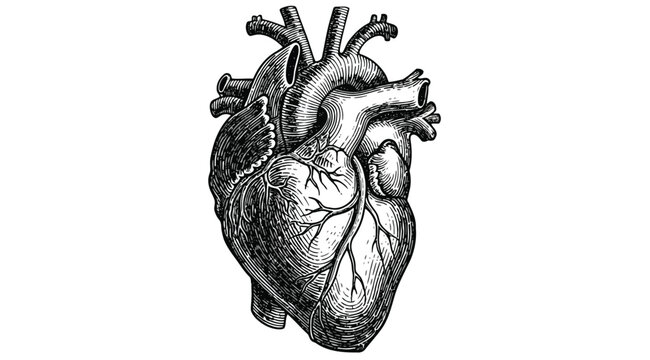 A detailed black and white illustration of a human heart isolated on white background with veins and arteries visible