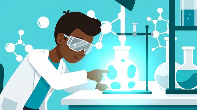 Animated scientist working in laboratory performing experiment with beakers and molecules on teal background research and discovery