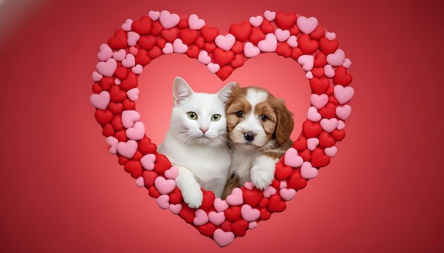 A cute white cat and a fluffy puppy sitting together inside a large red heart shaped frame decor