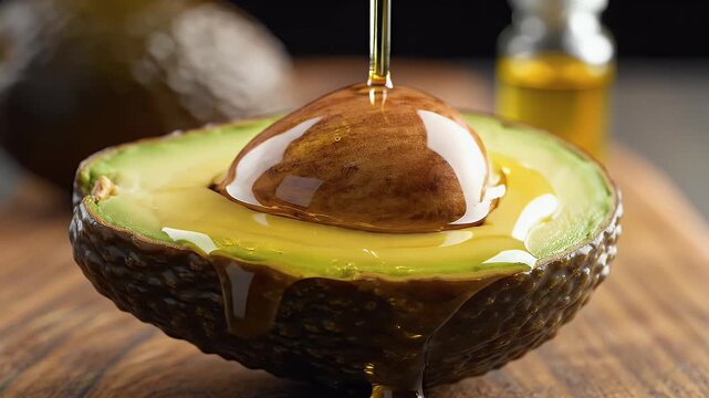 Golden liquid drips onto a halved avocado with its pit exposed