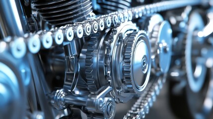 Fototapeta premium Shiny metallic gears and chain mechanism in close-up, showcasing intricate mechanical detail and precision