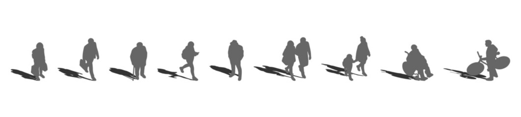 A collection of top view silhouette vector Isometric Diverse People figures with gray shadows underneath, useful for realistic architectural plans. © MkJutt