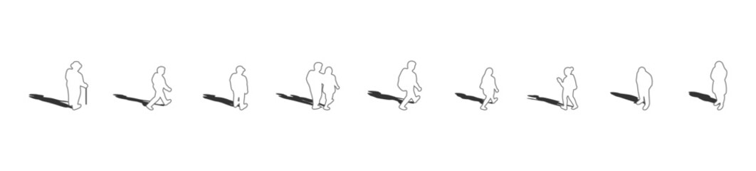 Top View Walking People Outline Set with Long Shadows, Men Women and Couple Pedestrians for Architectural Drawings Floor Plan Urban Planning Minimal Line Art Human Figures Vector Collection © MkJutt