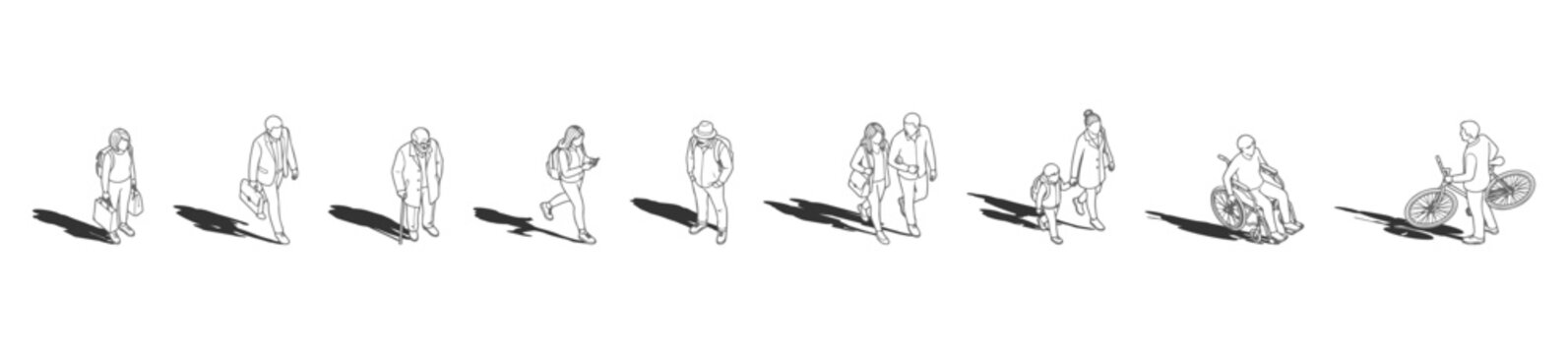 A collection of top view vector Isometric Diverse People figures with gray shadows underneath, useful for realistic architectural plans.