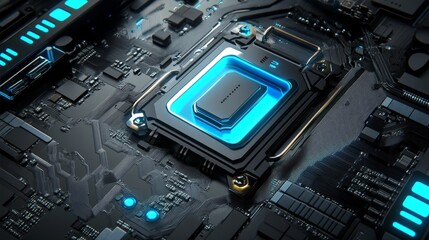 Fototapeta premium Futuristic blue-lit circuit board showcasing central processor with intricate detail and glowing accents