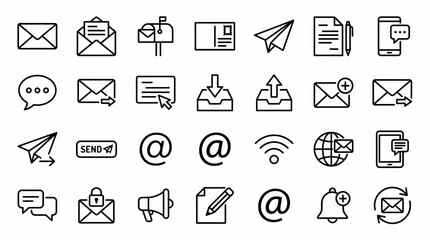 Minimalist black line icons set of email communication and digital messaging on white background, concept for interface design, business marketing and web development