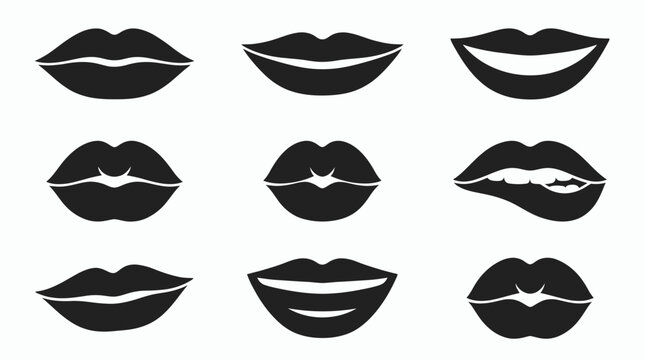 Set of black female lips silhouettes with various expressions including smiling and biting isolated on white background, concept for cosmetic branding, dental marketing and beauty industry