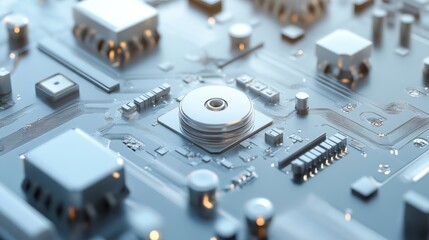 Close-up of a computer circuit board with various electronic components and connectors arranged intricately